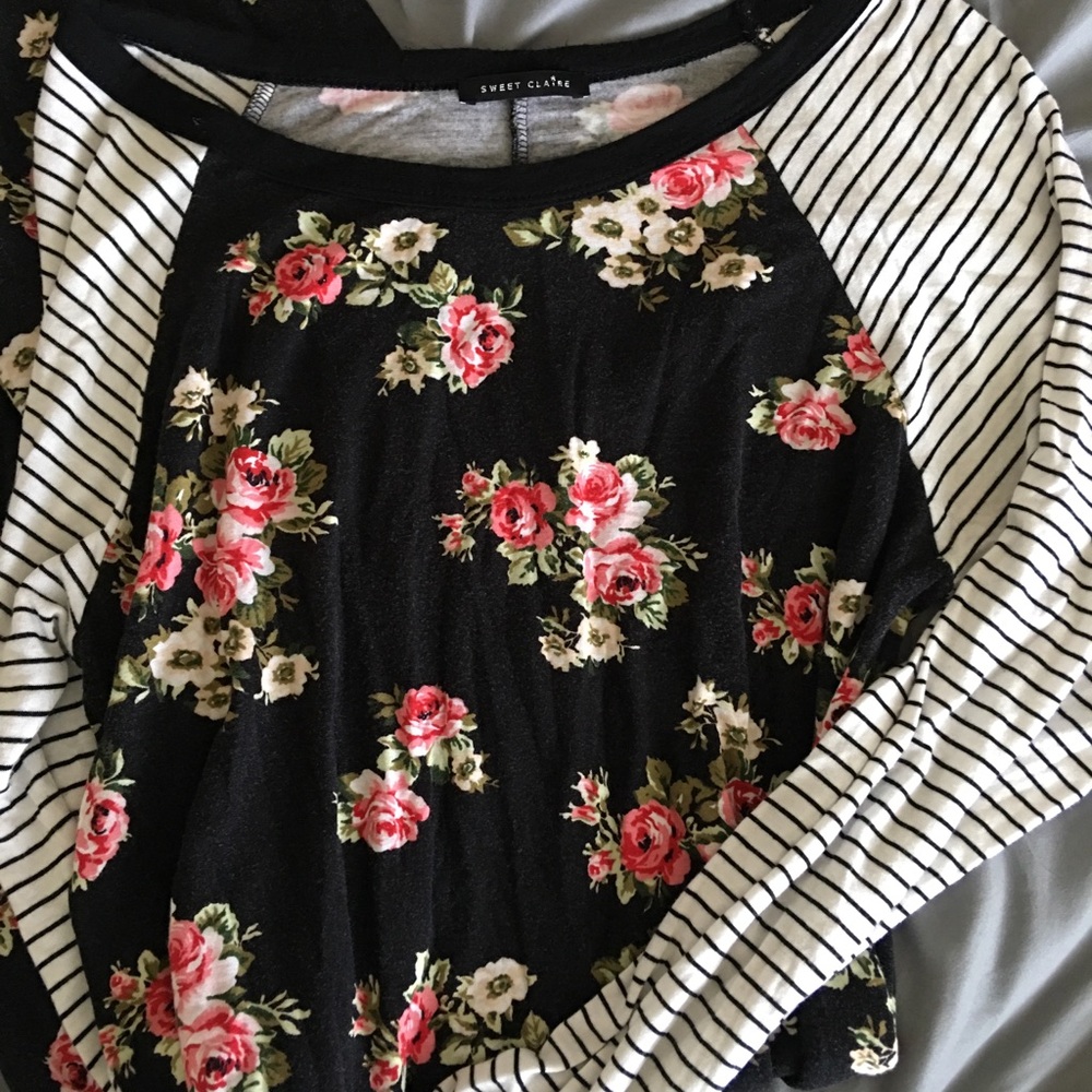 Knee length dress. Floral with stripes on sleeves
